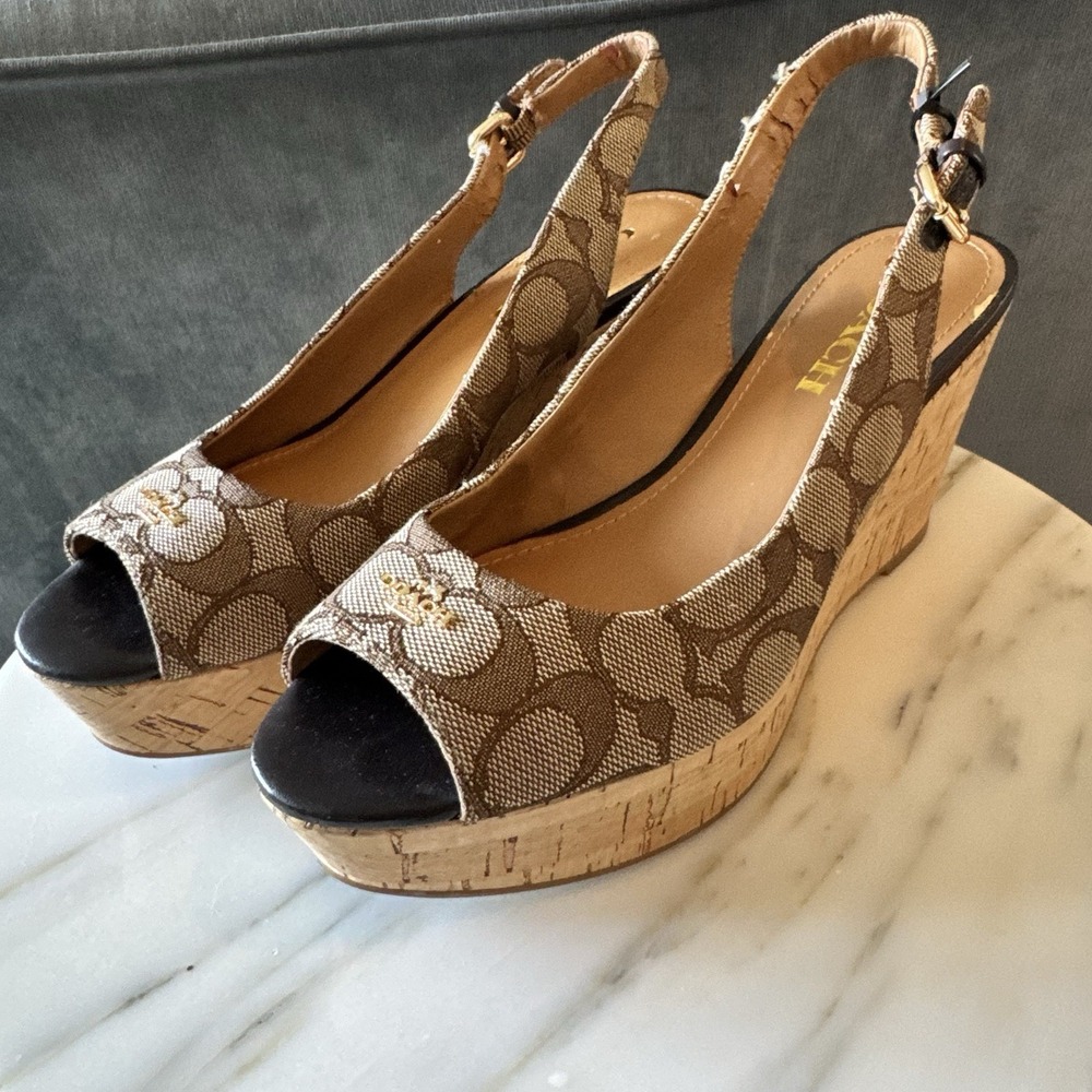 Coach Women's Insignia Ferry Peep-Toe Wedge Heel, Size 7B, Tan